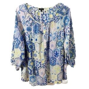 Talbots Peasant Style Honeycomb Pattern Floral Blouse Scoop Neck Self Tie Bow💙💛